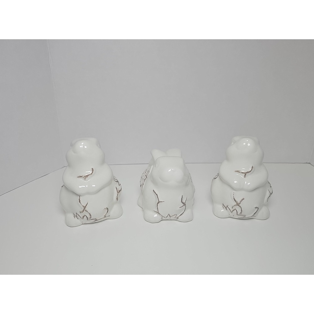 Set Of 3 Bunny Rabbit Ceramic Figurines White Farmhouse Shabby Rustic Decor